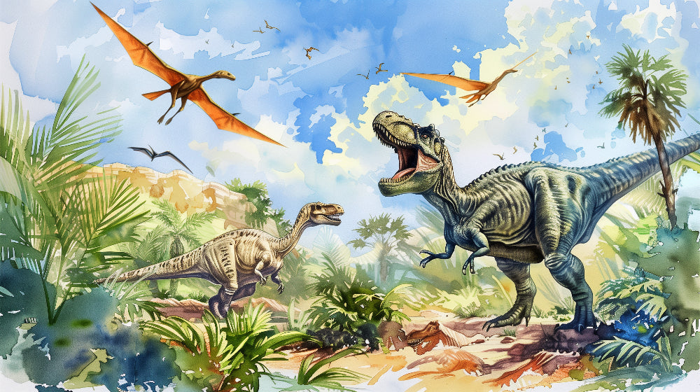 Detailed prehistoric jungle dinosaur mural wallpaper design pattern by Kids-Mundo