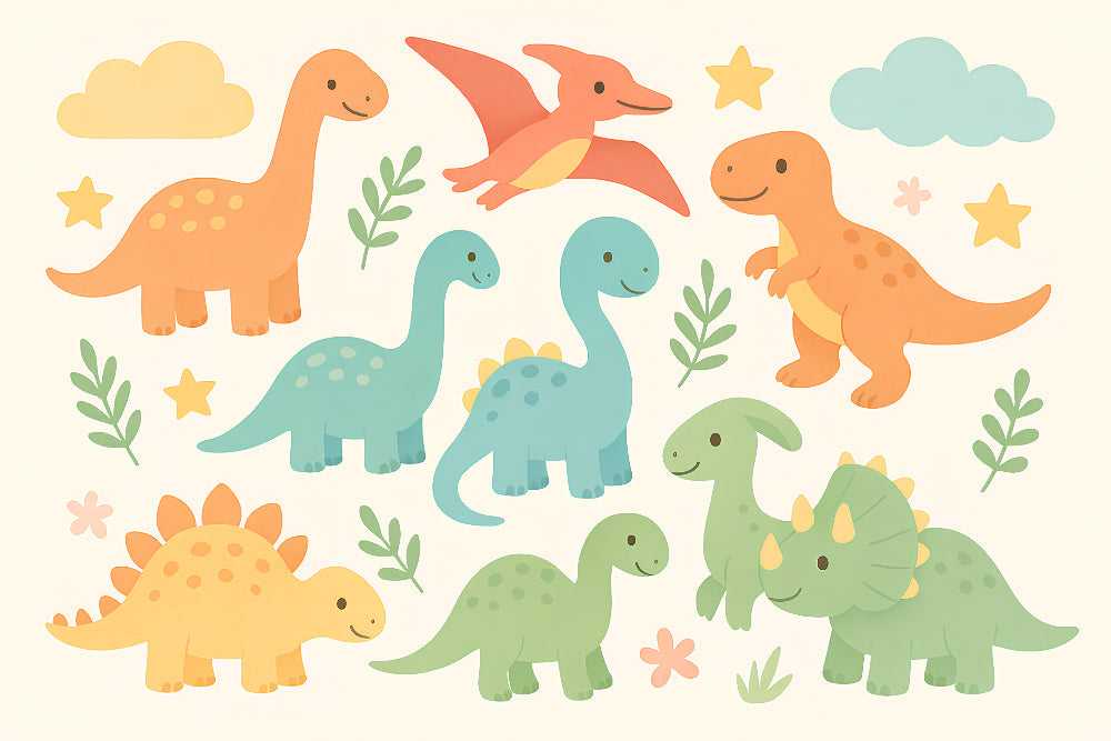 Detailed colorful dinosaur mural wallpaper design pattern with leaves and stars by Kids-Mundo