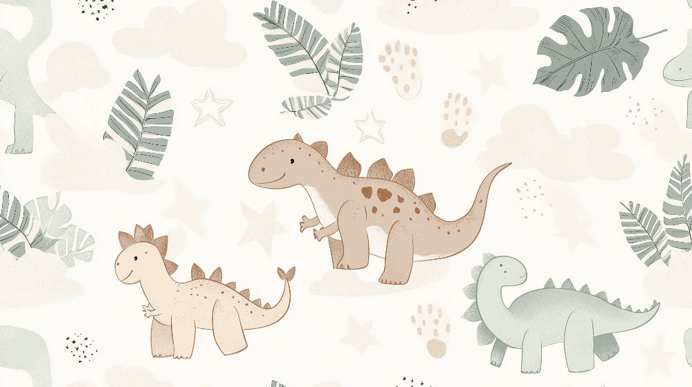 Detailed cute dinosaur mural wallpaper design pattern with pastel botanical elements by Kids-Mundo