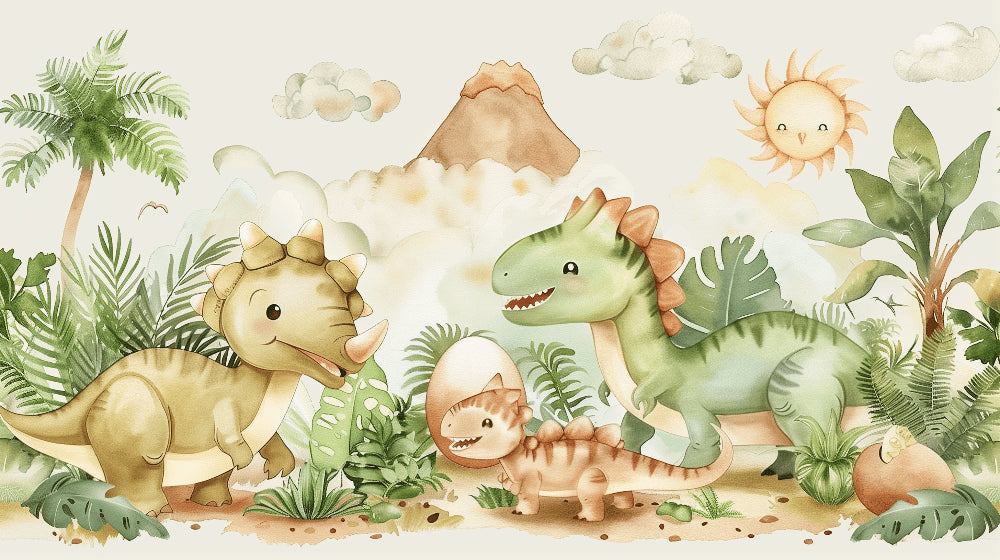 Detailed prehistoric jungle dinosaur mural wallpaper design pattern by Kids-Mundo