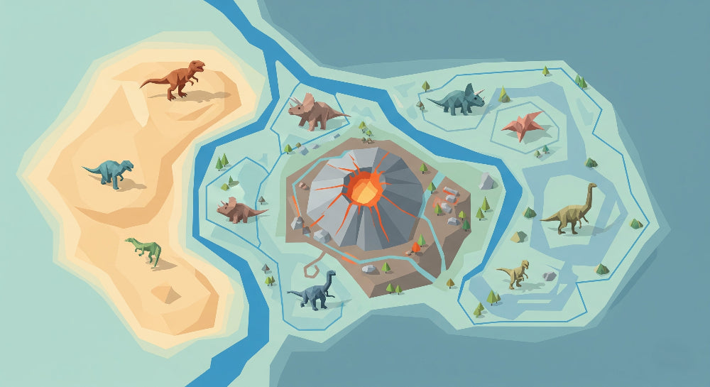 Detailed prehistoric dinosaur adventure mural wallpaper design pattern with T-Rex and volcanic landscape by Kids-Mundo