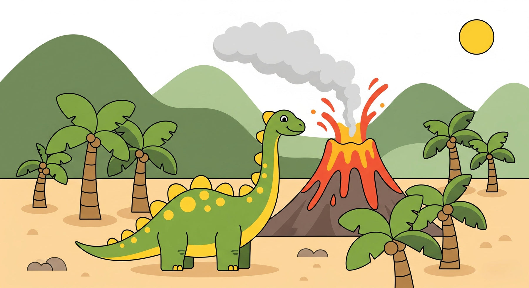 Detailed dinosaur volcano mural wallpaper design pattern showing tropical prehistoric landscape by Kids-Mundo
