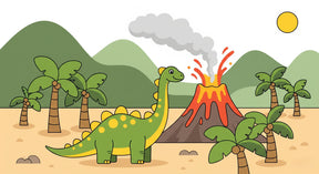 Detailed dinosaur volcano mural wallpaper design pattern showing tropical prehistoric landscape by Kids-Mundo