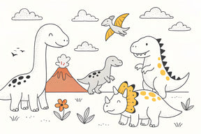 Detailed dinosaur mural wallpaper design pattern featuring brontosaurus, T-rex and volcano by Kids-Mundo