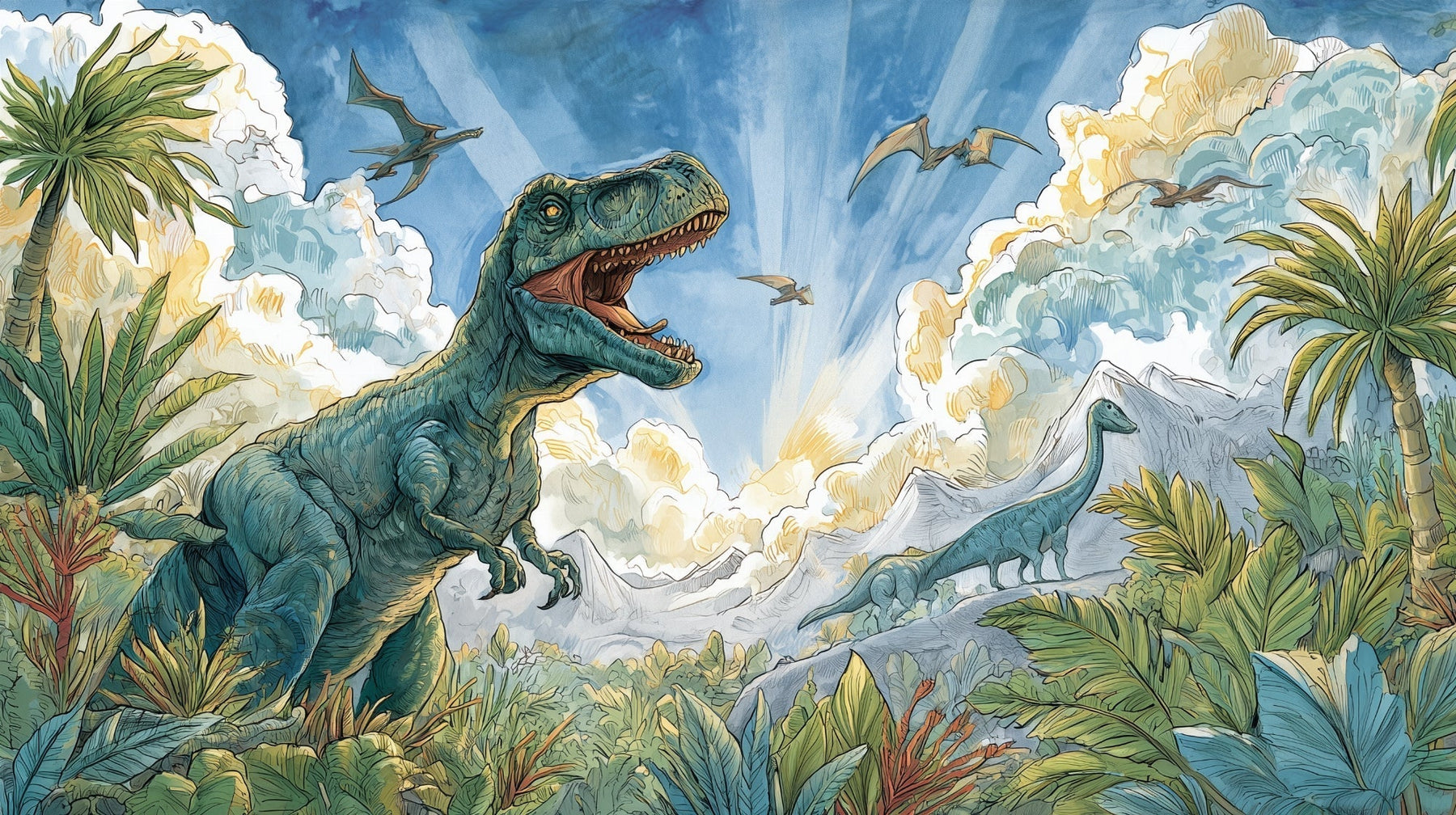 Detailed dinosaur mural wallpaper design pattern with T-Rex and jungle landscape by Kids-Mundo
