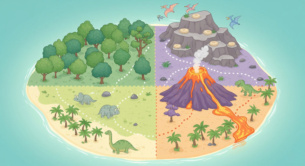 Detailed prehistoric dinosaur mural wallpaper design pattern with four landscapes by Kids-Mundo
