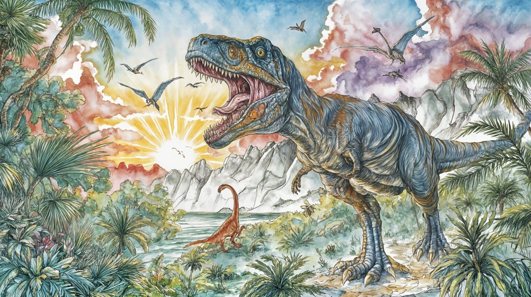 Detailed prehistoric dinosaur mural wallpaper design pattern with tropical jungle elements by Kids-Mundo
