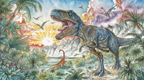 Detailed prehistoric dinosaur mural wallpaper design pattern with tropical jungle elements by Kids-Mundo