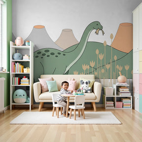 Diplodocus dinosaur mural wallpaper in modern nursery with natural wood crib by Kids-Mundo