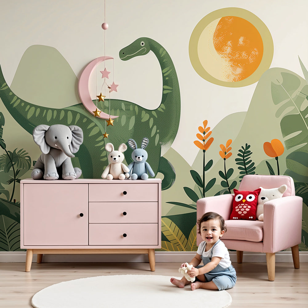 Peaceful Diplodocus dinosaur mural wallpaper in modern kids nursery by Kids-Mundo
