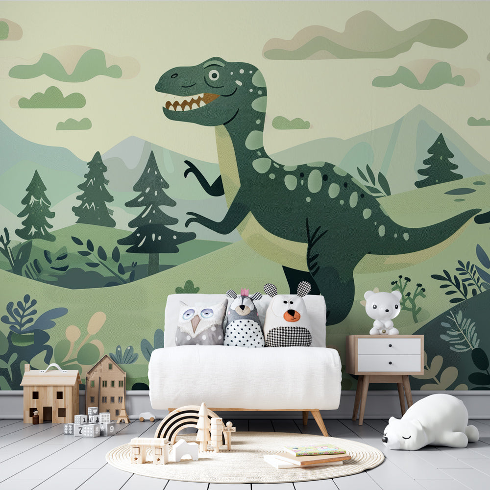 Playful T-Rex dinosaur wallpaper with tropical forest design for children's room decor