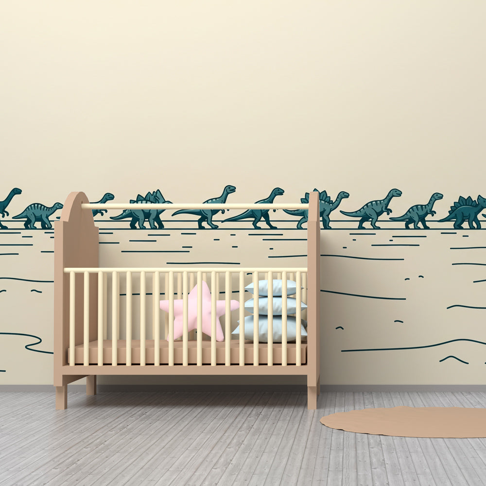 Friendly dinosaur wallpaper creating prehistoric adventure theme in children's bedroom