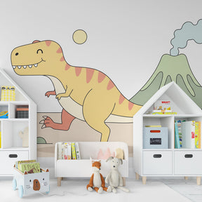 Prehistoric dinosaur wallpaper creating adventurous children's bedroom decor with volcano scene