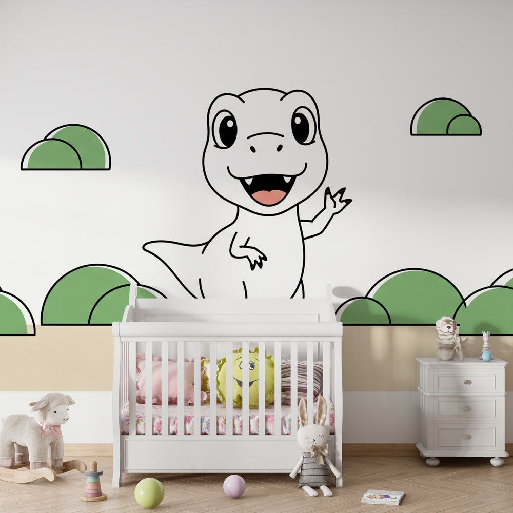 Dinosaur wallpaper in modern kids bedroom with pastel colors and prehistoric theme by Kids-Mundo