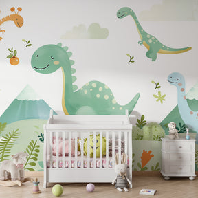 Cheerful dinosaur wallpaper creating playful atmosphere in children's bedroom with vibrant green tones