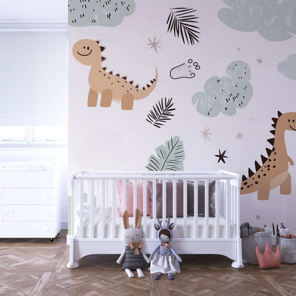 Jungle dinosaur wallpaper creating cozy children's bedroom with safari theme decor