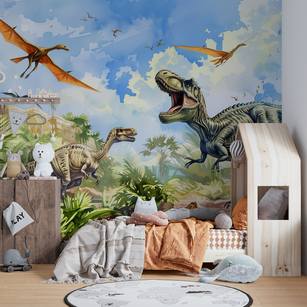 Fierce dinosaurs jungle wallpaper transforming children's bedroom into prehistoric world