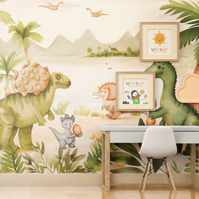 Green jungle dinosaur wallpaper transforming children's bedroom into adventurous prehistoric world