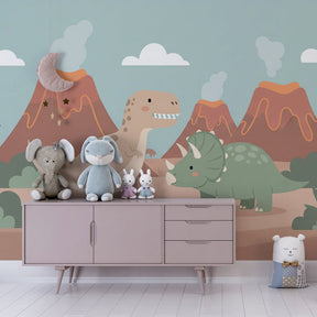 Volcanic landscape dinosaur wallpaper transforming kids playroom into prehistoric world