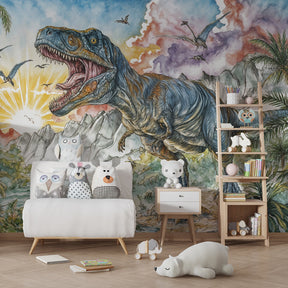 Prehistoric dinosaur wallpaper transforming nursery into educational discovery space with tropical elements