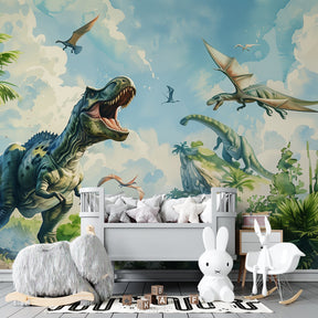 Green dinosaur wallpaper creating prehistoric adventure nursery decor with T-Rex theme