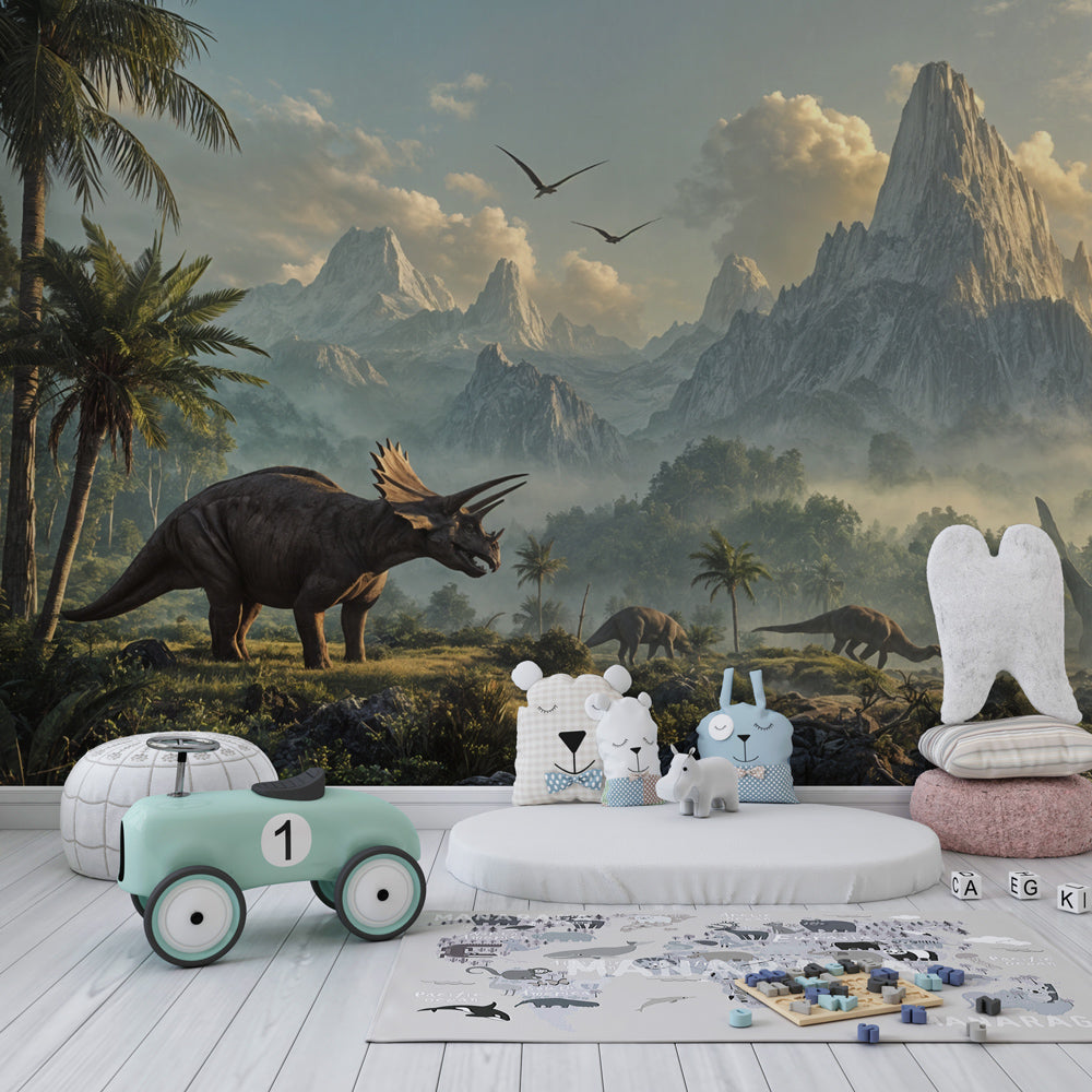 Adventure dinosaur wallpaper for nursery featuring volcanic mountains and tropical vegetation