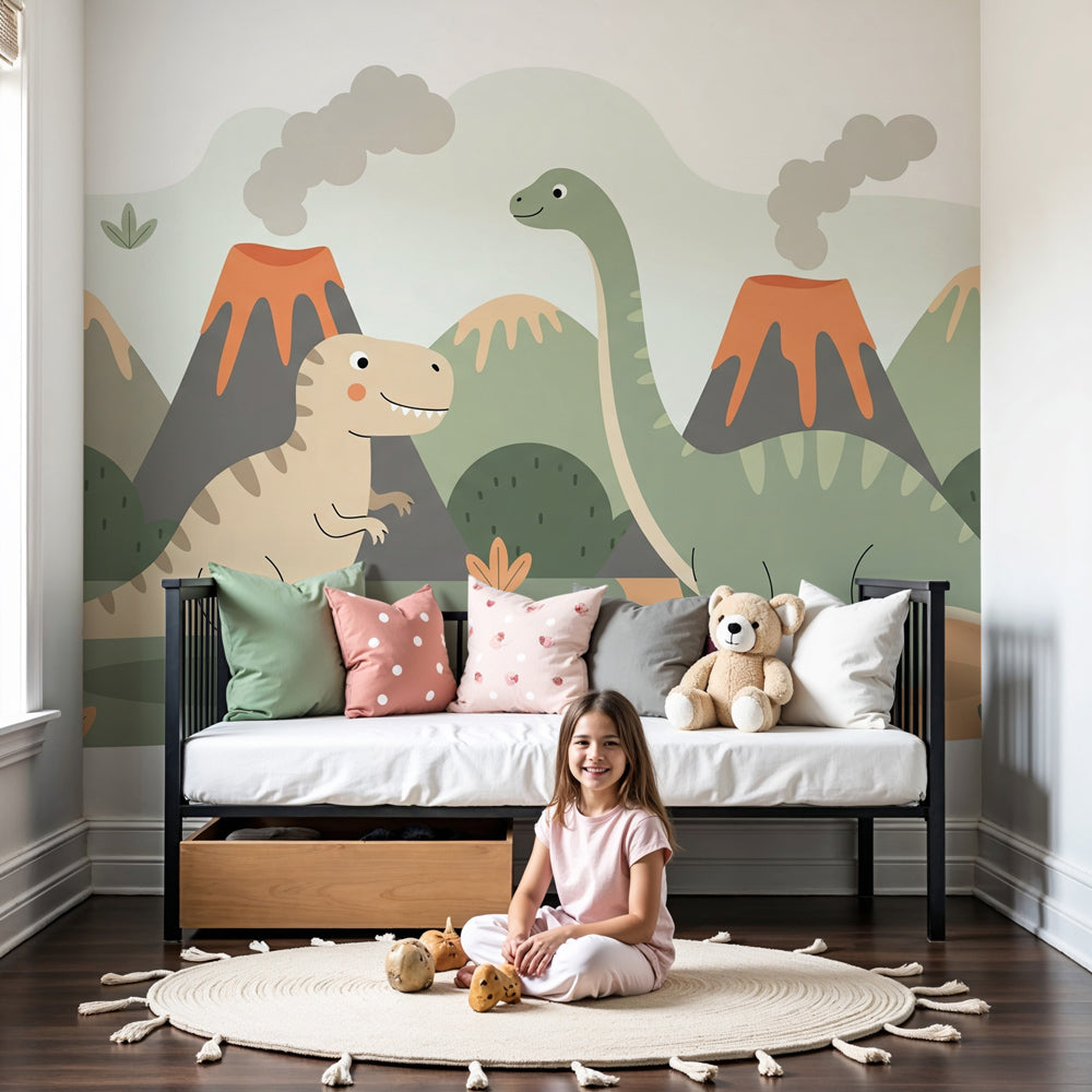 Dinosaur mural wallpaper with colorful volcanoes in bright children's nursery by Kids-Mundo
