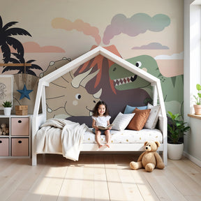Dinosaur mural wallpaper creating prehistoric adventure theme in modern kids nursery by Kids-Mundo
