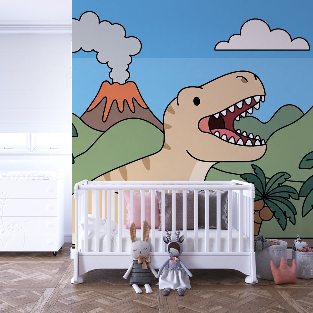 Colorful dinosaur wallpaper with volcano landscape transforming nursery into prehistoric world