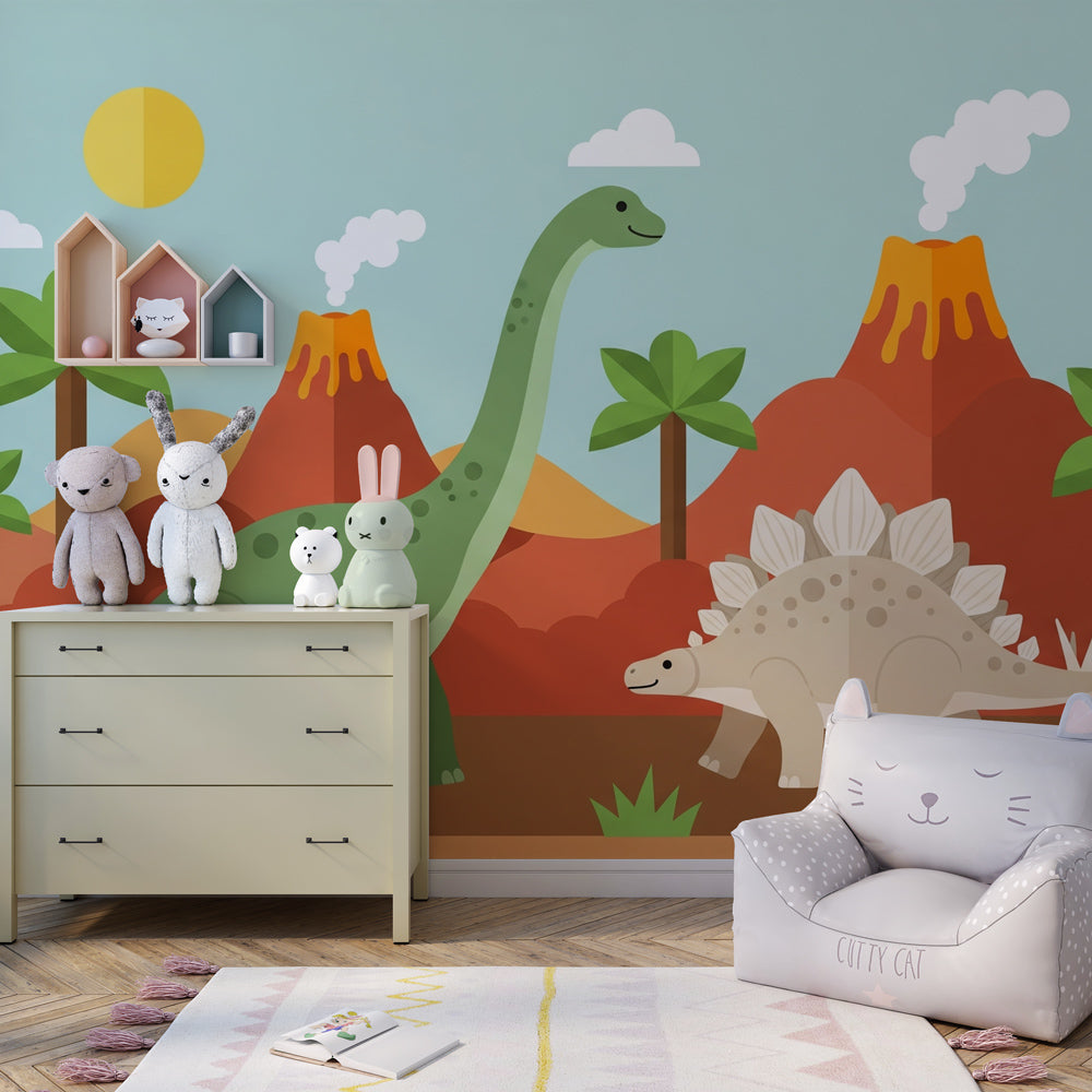 Colorful prehistoric volcano wallpaper creating adventurous nursery atmosphere