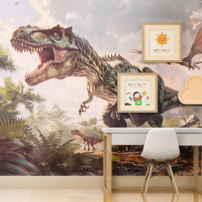 Prehistoric jungle dinosaur wallpaper featuring T-Rex and raptors in stylish nursery room decor