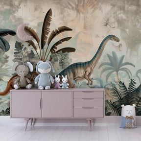 Prehistoric jungle dinosaur wallpaper transforming nursery into educational play space