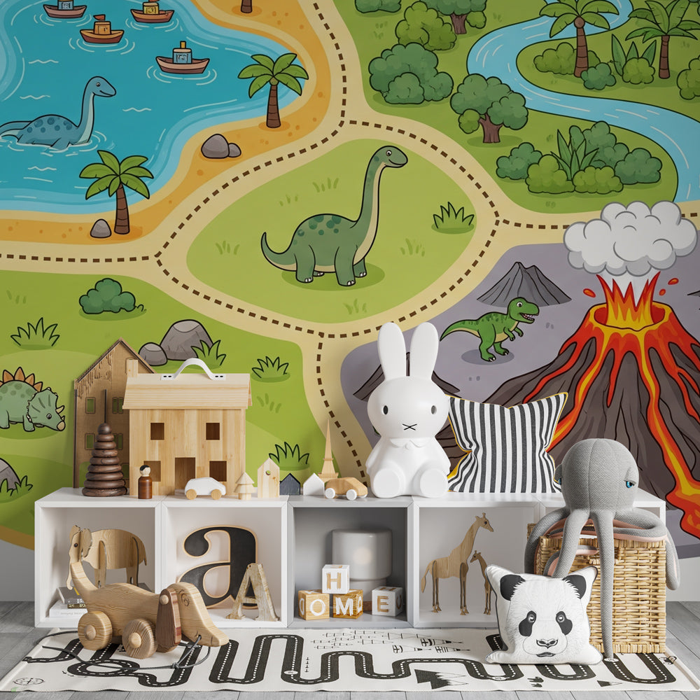 Prehistoric adventure wallpaper with friendly dinosaurs and volcanic landscape for children's nursery decor