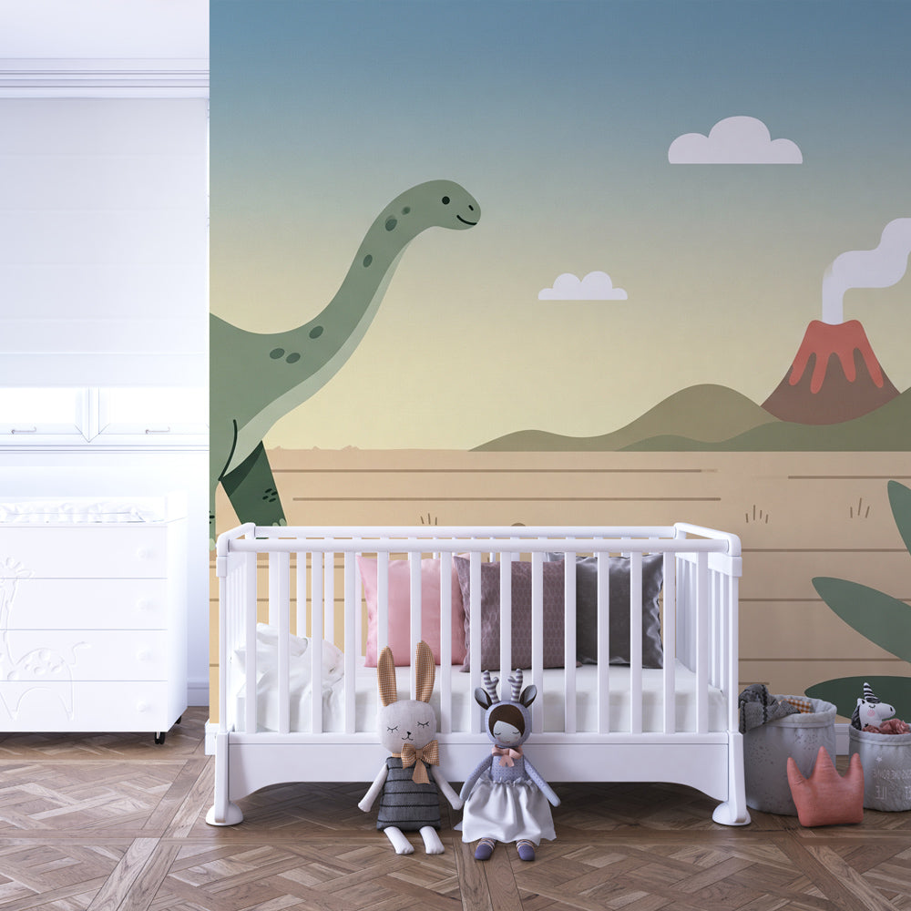Dinosaur volcano wallpaper transforming nursery into educational prehistoric landscape for children