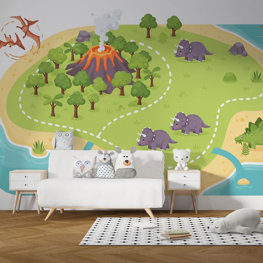 Colorful dinosaur island wallpaper transforming nursery into prehistoric adventure space by Kids-Mundo