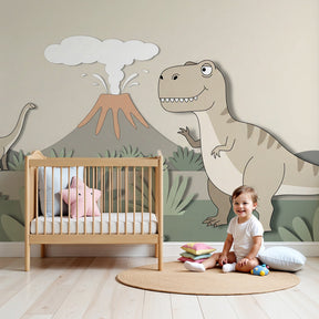 Dinosaur mural wallpaper with T-Rex and Diplodocus in modern kids nursery by Kids-Mundo