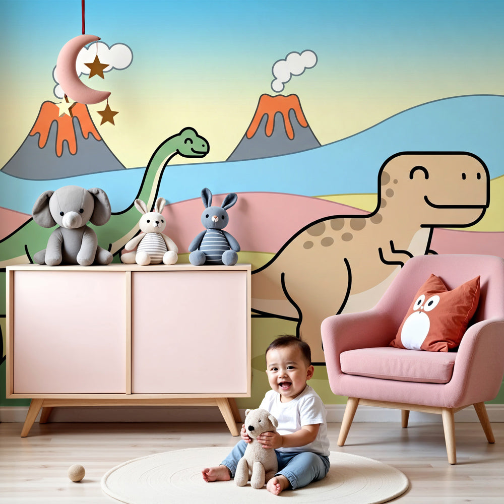 Dinosaur mural wallpaper with friendly T-Rex and Brachiosaurus in colorful kids nursery by Kids-Mundo