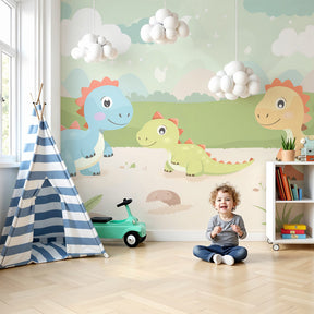 Cute dinosaur mural wallpaper in modern nursery with pastel mountain landscape by Kids-Mundo