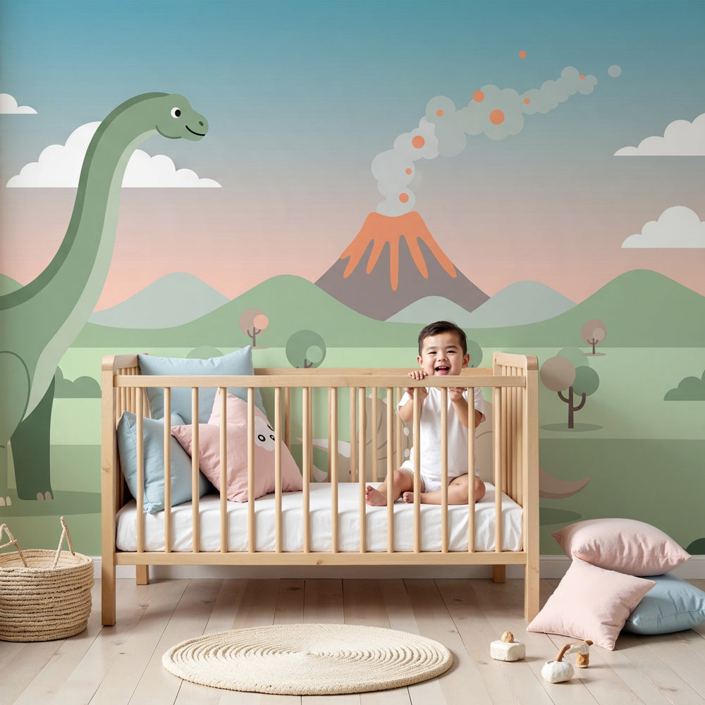 Dinosaur mural wallpaper featuring brontosaurus and triceratops in modern nursery by Kids-Mundo