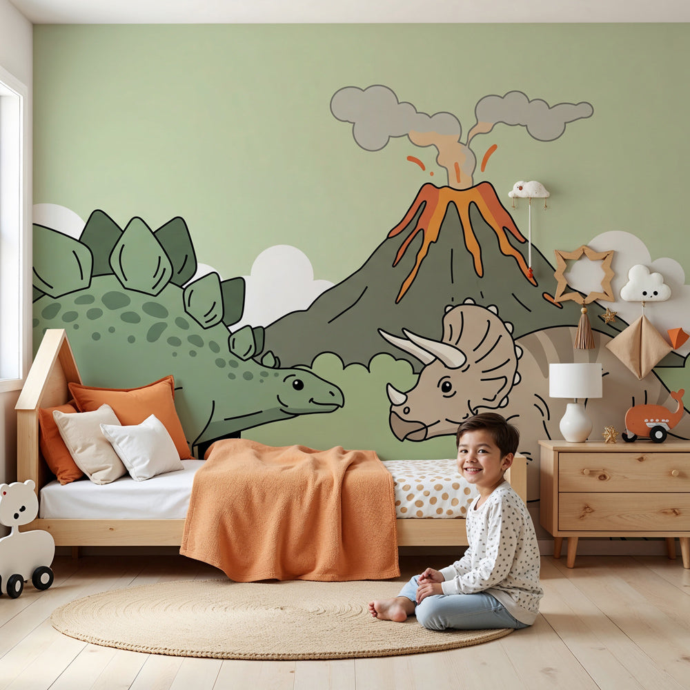 Dinosaur mural wallpaper with prehistoric adventure scene in modern kids nursery by Kids-Mundo