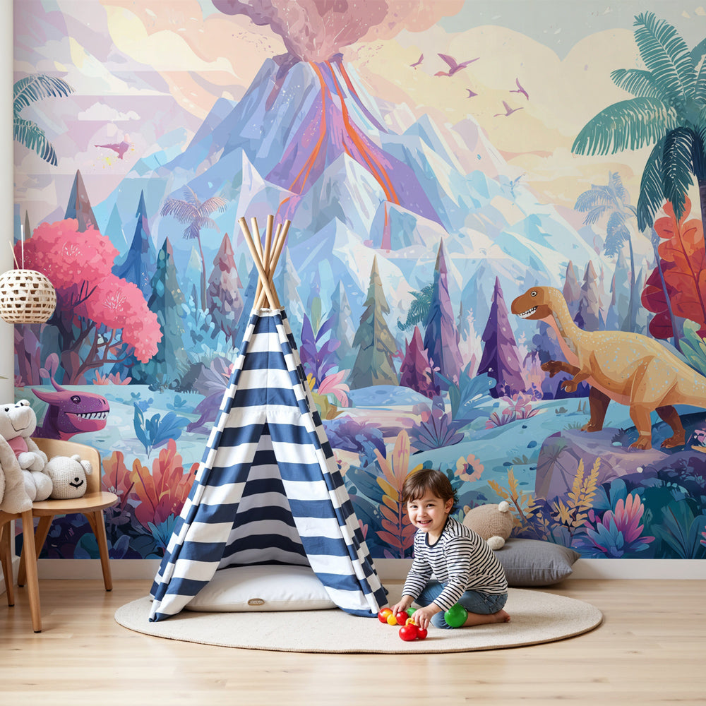 Dinosaur volcanic tropical mural wallpaper in modern children's nursery room by Kids-Mundo