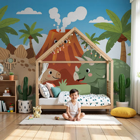 Happy dinosaur mural wallpaper in modern nursery with tropical prehistoric theme by Kids-Mundo