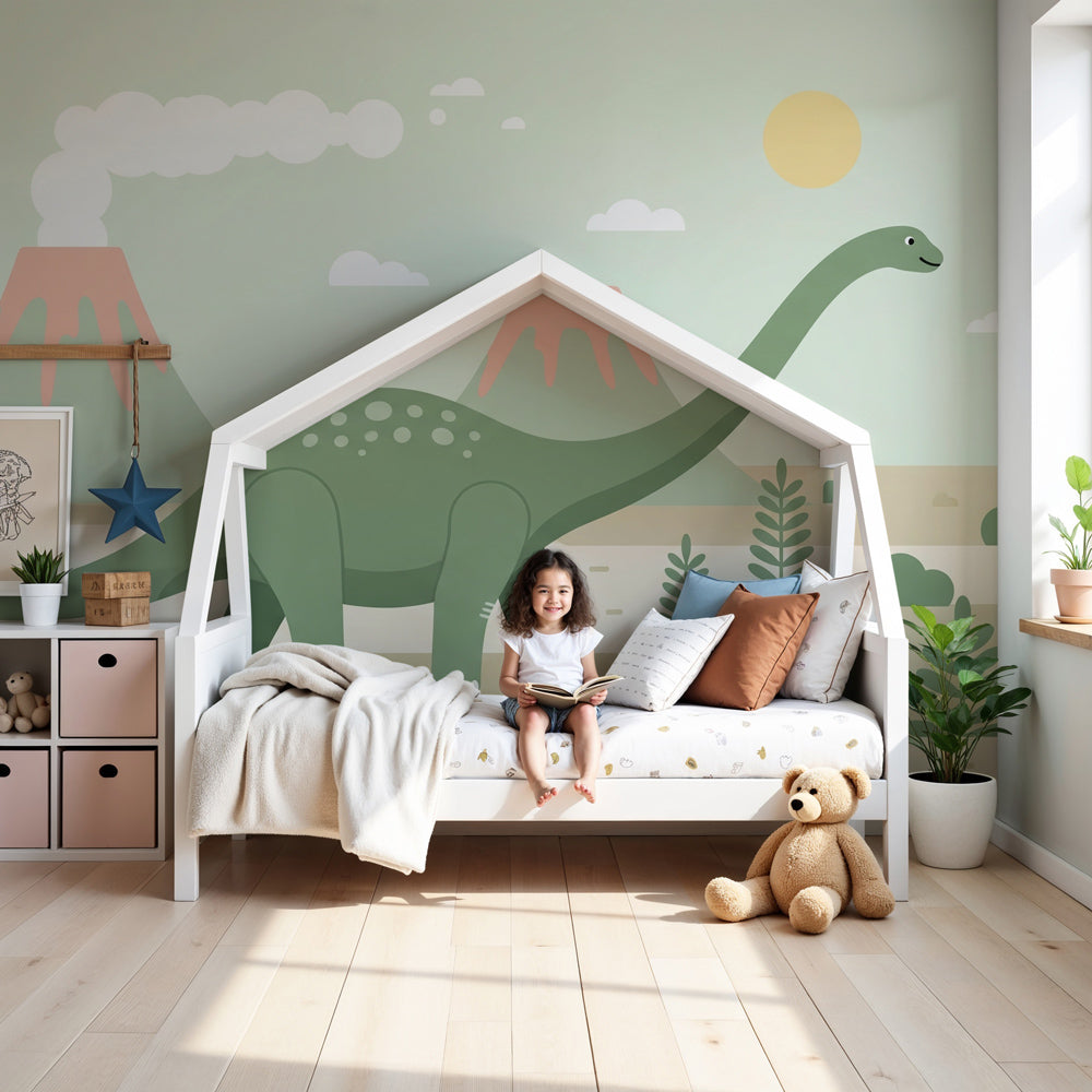 Dinosaur mural wallpaper creating prehistoric adventure theme in modern kids nursery by Kids-Mundo