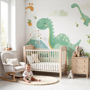 Happy dinosaur mural wallpaper transforming modern nursery with green prehistoric landscape by Kids-Mundo