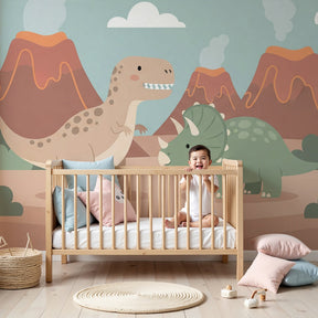Dinosaur mural wallpaper with T-Rex and Triceratops in modern nursery by Kids-Mundo