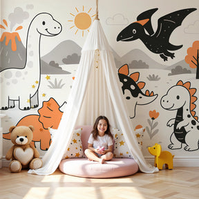 Dinosaur mural wallpaper creating prehistoric adventure theme in modern kids nursery by Kids-Mundo