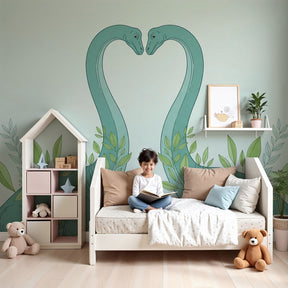 Gentle diplodocus dinosaur mural wallpaper in modern baby nursery by Kids-Mundo