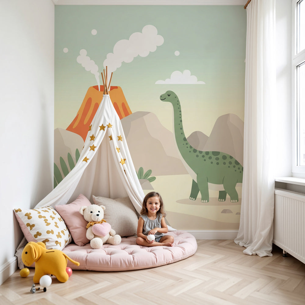 Dinosaur mural wallpaper with diplodocus in prehistoric nursery room by Kids-Mundo