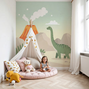Dinosaur mural wallpaper with diplodocus in prehistoric nursery room by Kids-Mundo
