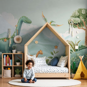 Dinosaur mural wallpaper creating peaceful prehistoric nursery decor by Kids-Mundo